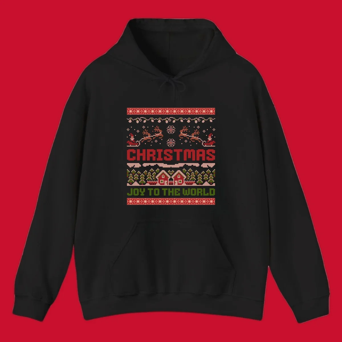 Christmas Joy Ugly Sweater design with reindeer, trees, and text.