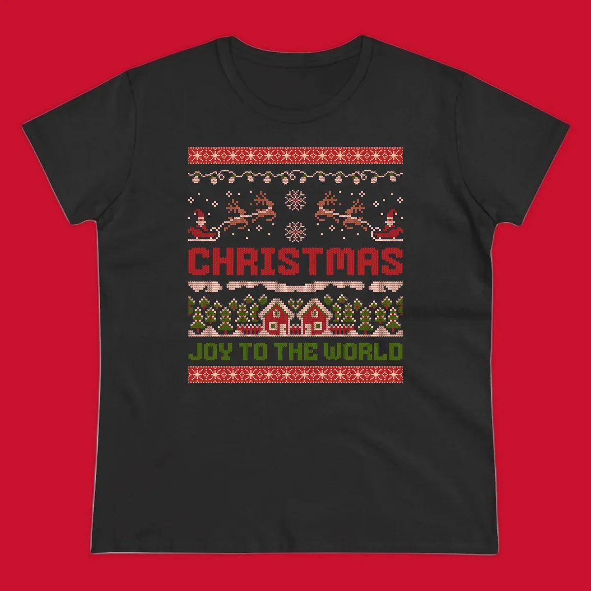 Christmas Joy Ugly Sweater design with reindeer, trees, and text.