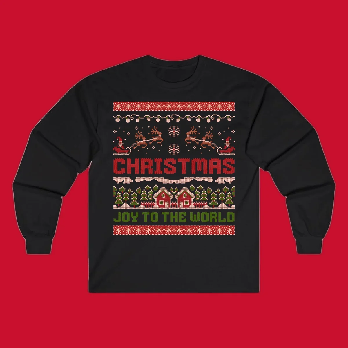 Christmas Joy Ugly Sweater design with reindeer, trees, and text.