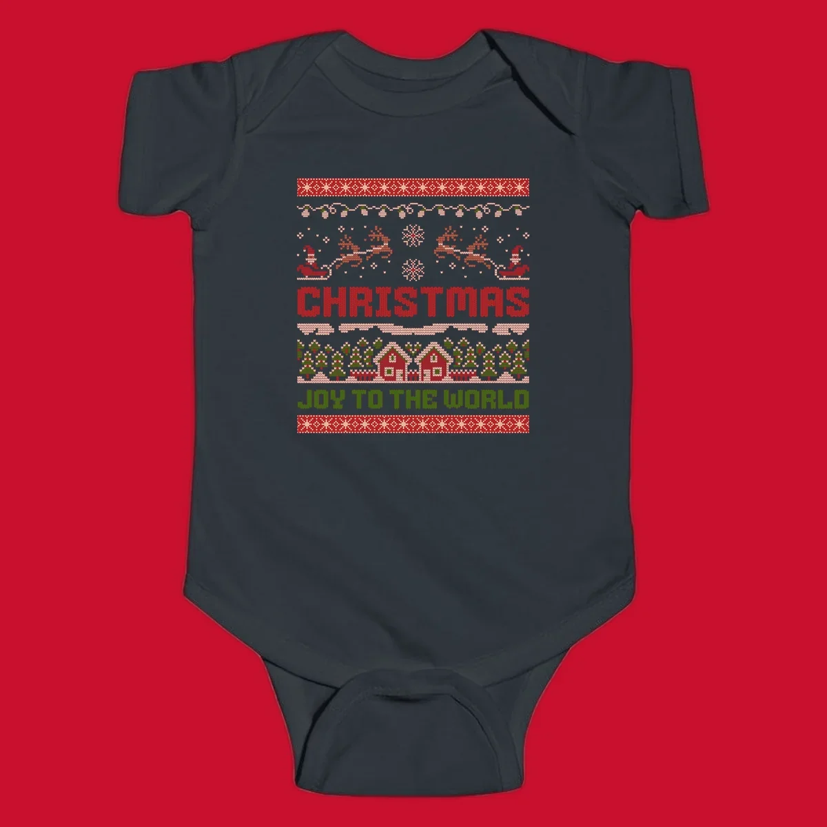Christmas Joy Ugly Sweater design with reindeer, trees, and text.
