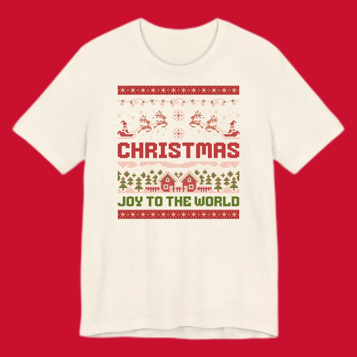 Christmas Joy Ugly Sweater design with reindeer, trees, and text.