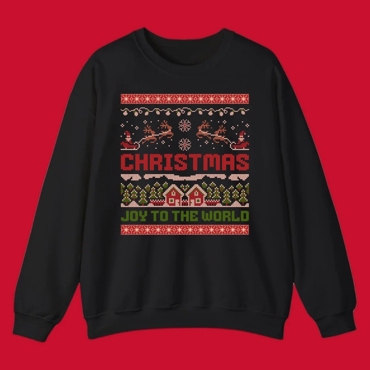 Christmas Joy Ugly Sweater design with reindeer, trees, and text.