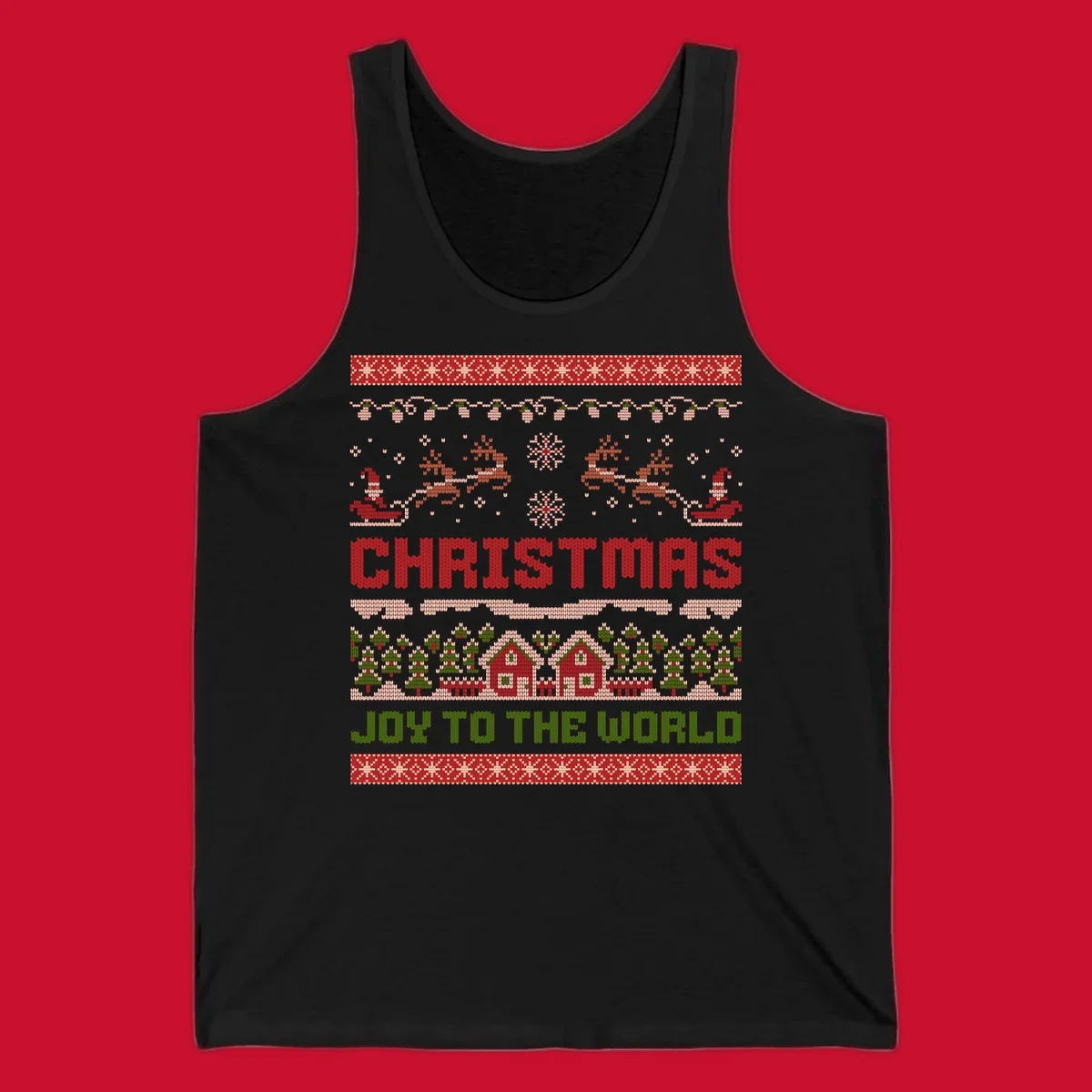 Christmas Joy Ugly Sweater design with reindeer, trees, and text.