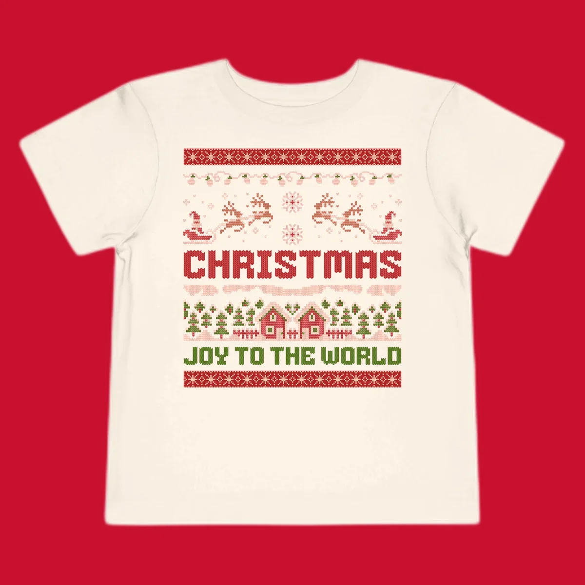 Christmas Joy Ugly Sweater design with reindeer, trees, and text.