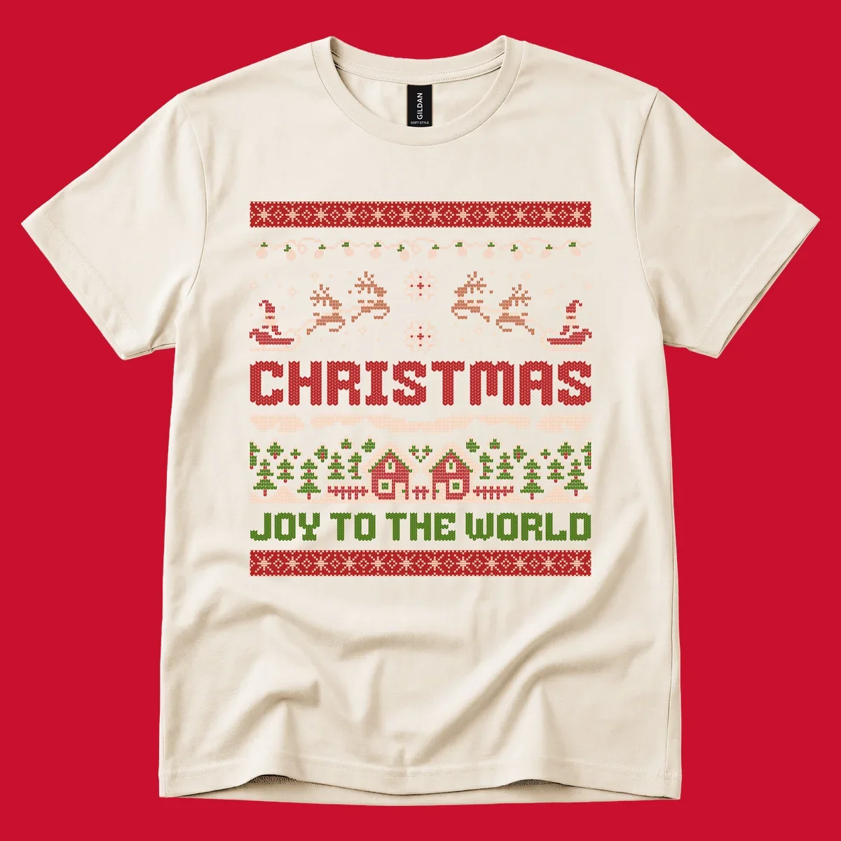 Christmas Joy Ugly Sweater design with reindeer, trees, and text.