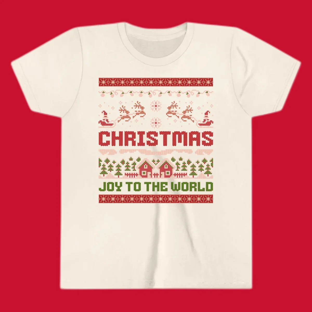 Christmas Joy Ugly Sweater design with reindeer, trees, and text.
