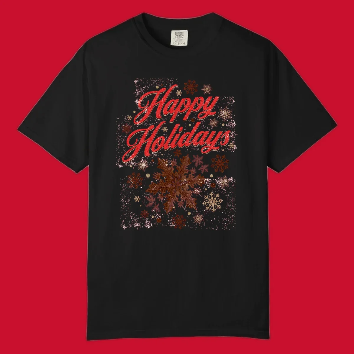 Happy Holidays glitter text with snowflake graphics. Loudest in the room.