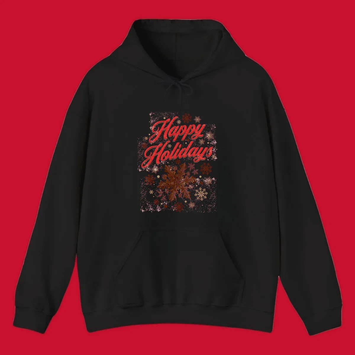Happy Holidays glitter text with snowflake graphics. Loudest in the room.