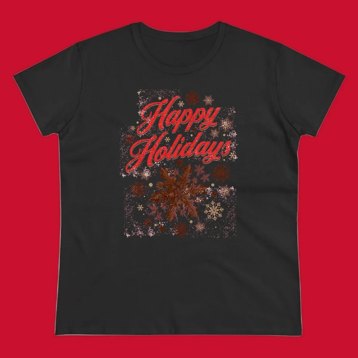Happy Holidays glitter text with snowflake graphics. Loudest in the room.