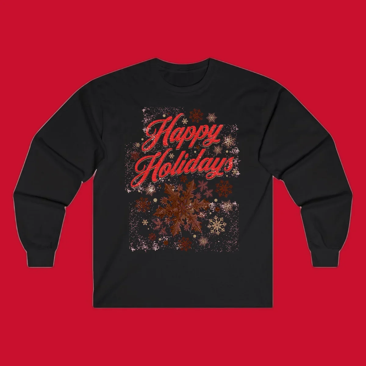Happy Holidays glitter text with snowflake graphics. Loudest in the room.