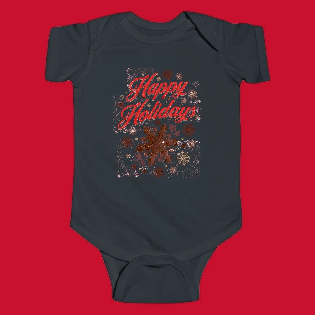Happy Holidays glitter text with snowflake graphics. Loudest in the room.