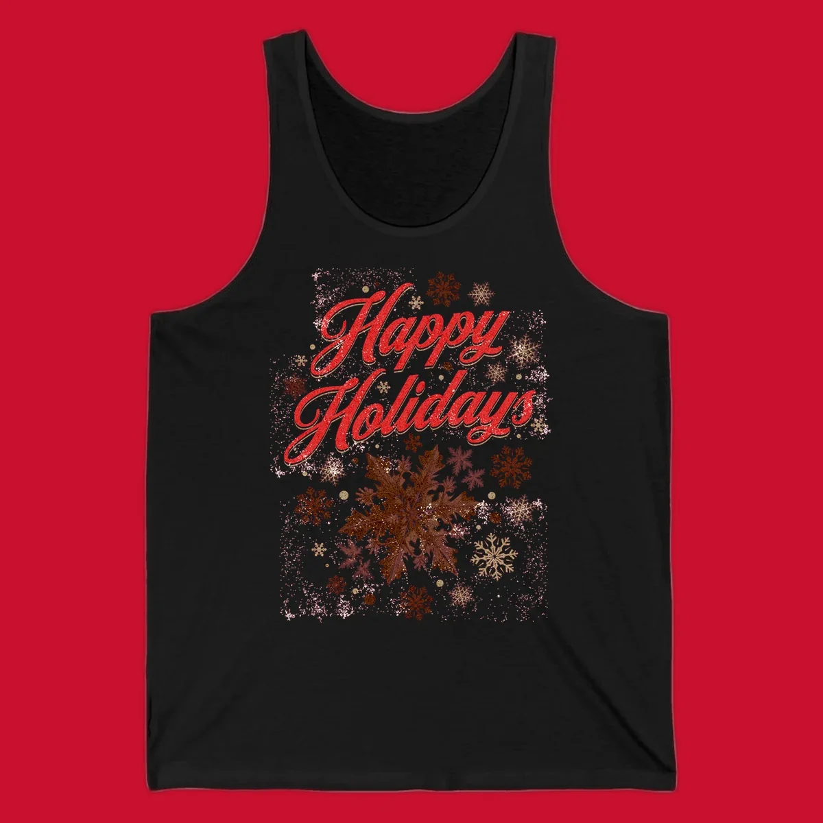 Happy Holidays glitter text with snowflake graphics. Loudest in the room.