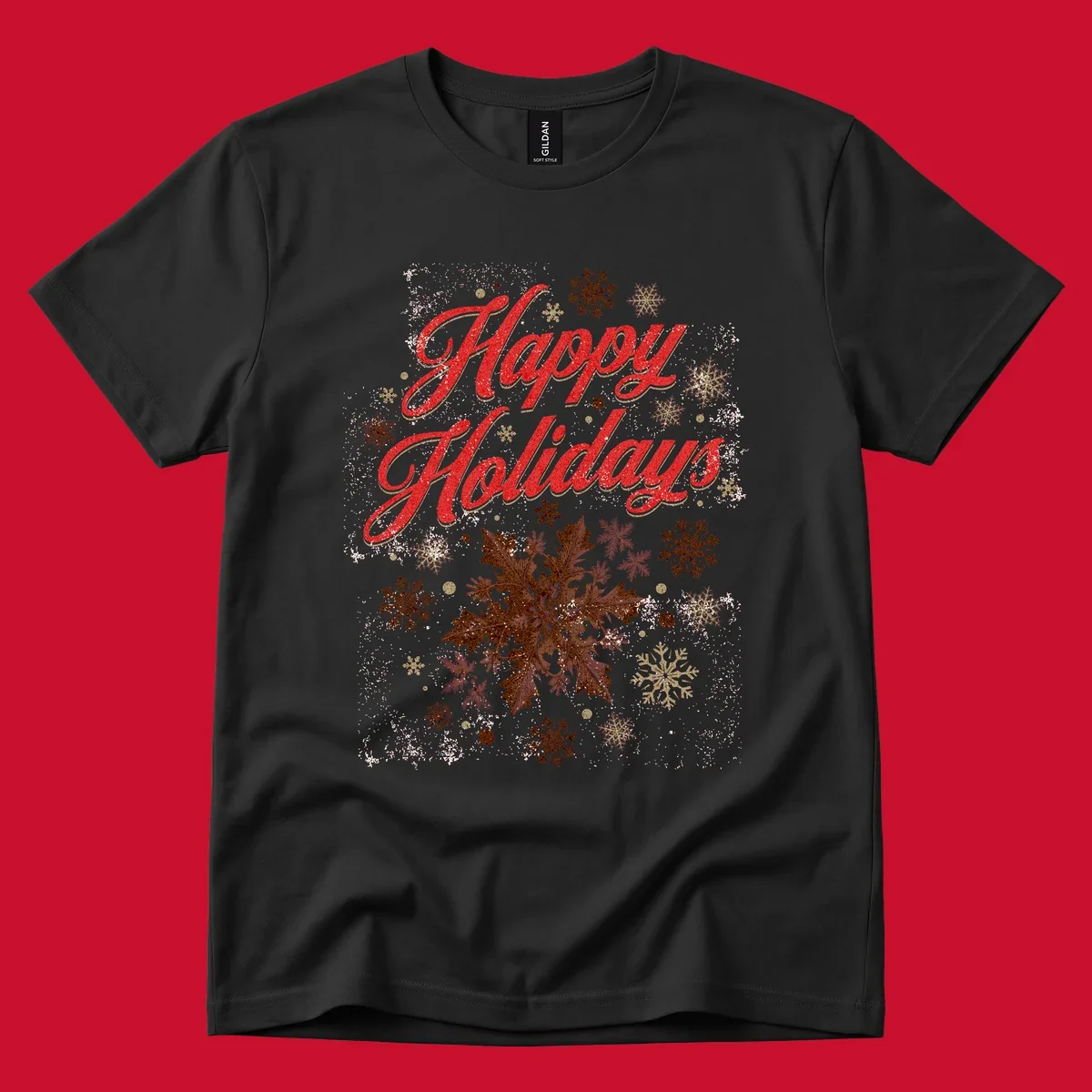 Happy Holidays glitter text with snowflake graphics. Loudest in the room.