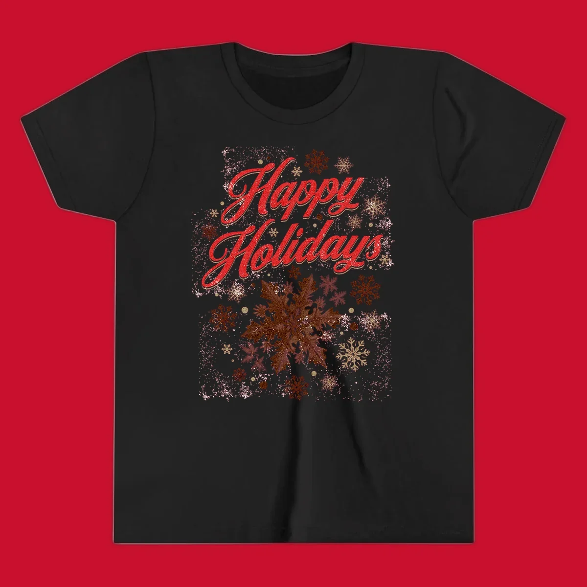 Happy Holidays glitter text with snowflake graphics. Loudest in the room.