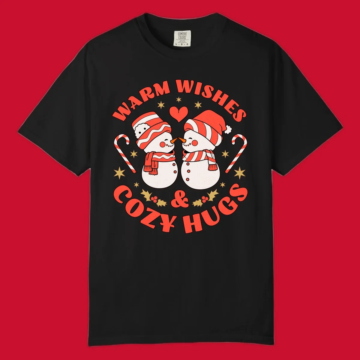 Snowmen kissing with holiday text, candy canes, and stars for a Christmas design.
