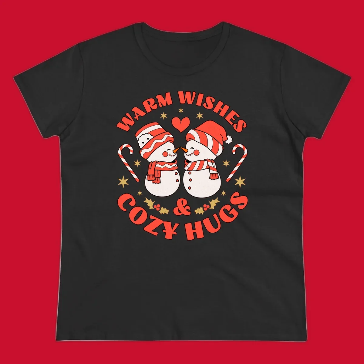 Snowmen kissing with holiday text, candy canes, and stars for a Christmas design.
