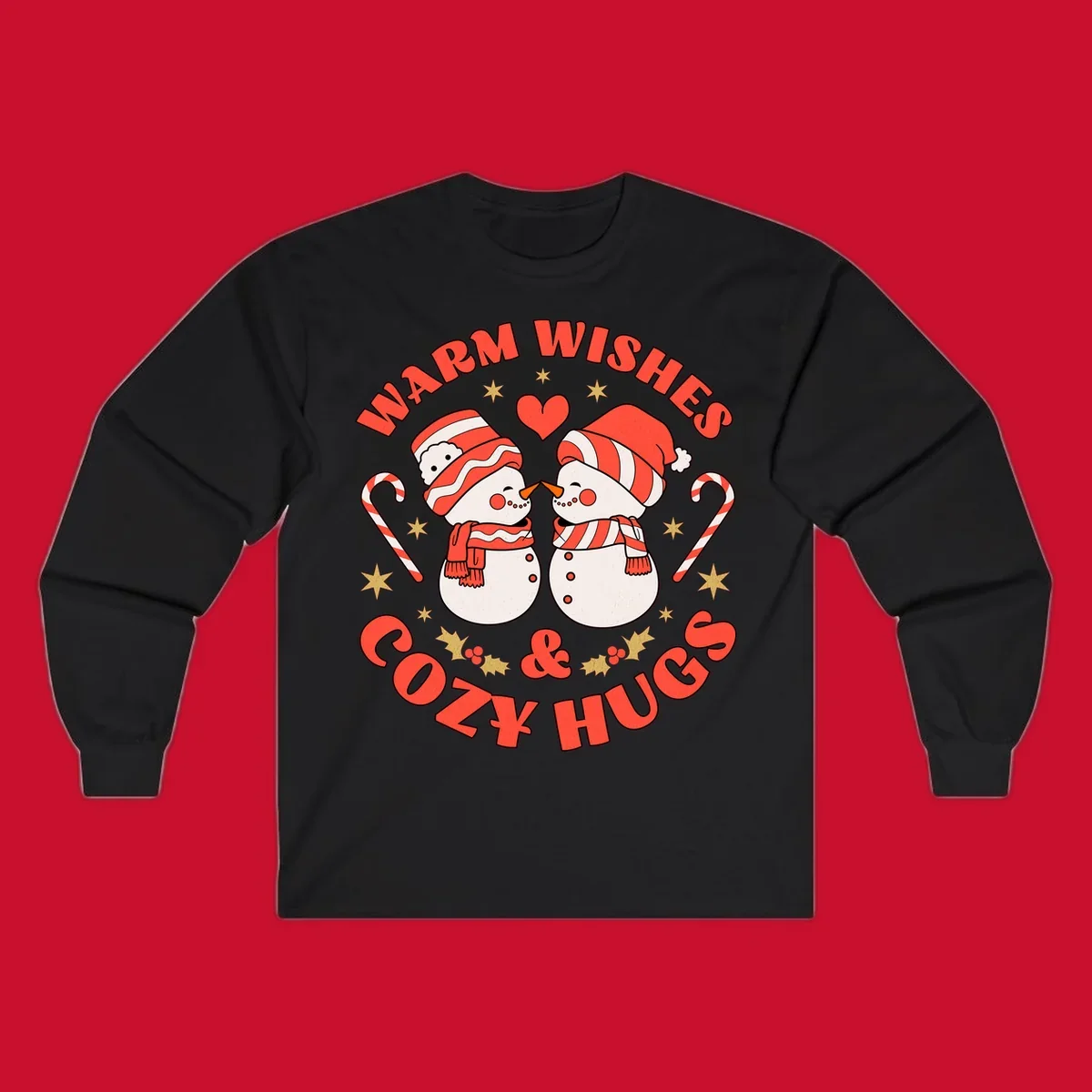 Snowmen kissing with holiday text, candy canes, and stars for a Christmas design.