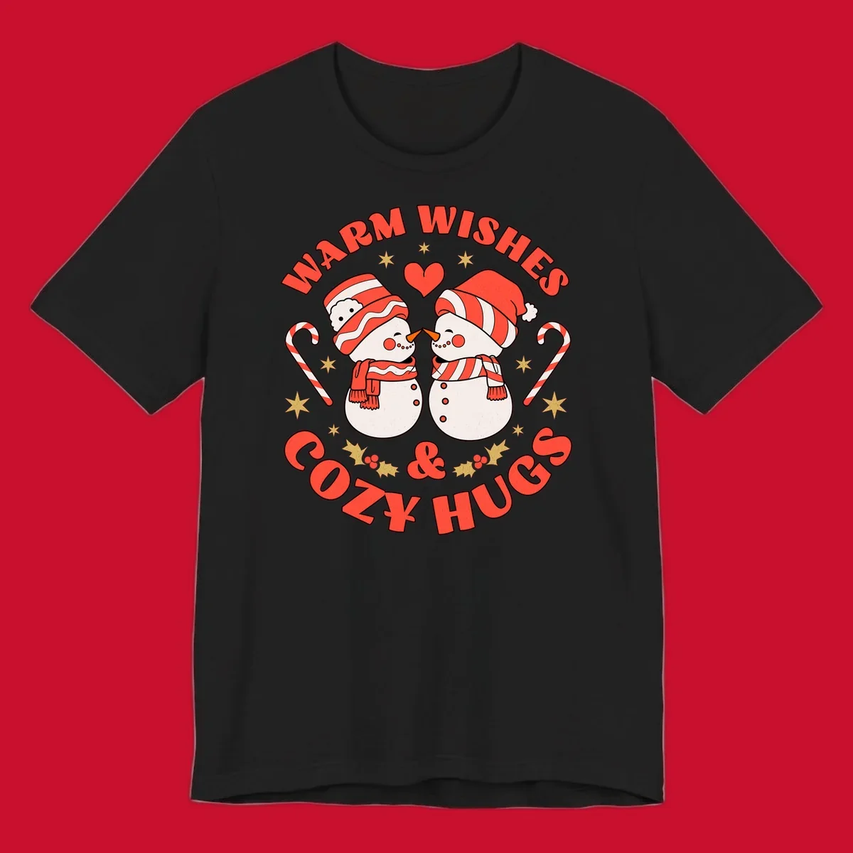 Snowmen kissing with holiday text, candy canes, and stars for a Christmas design.
