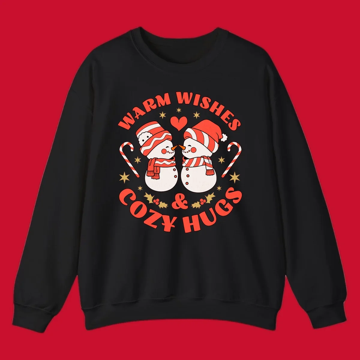 Snowmen kissing with holiday text, candy canes, and stars for a Christmas design.