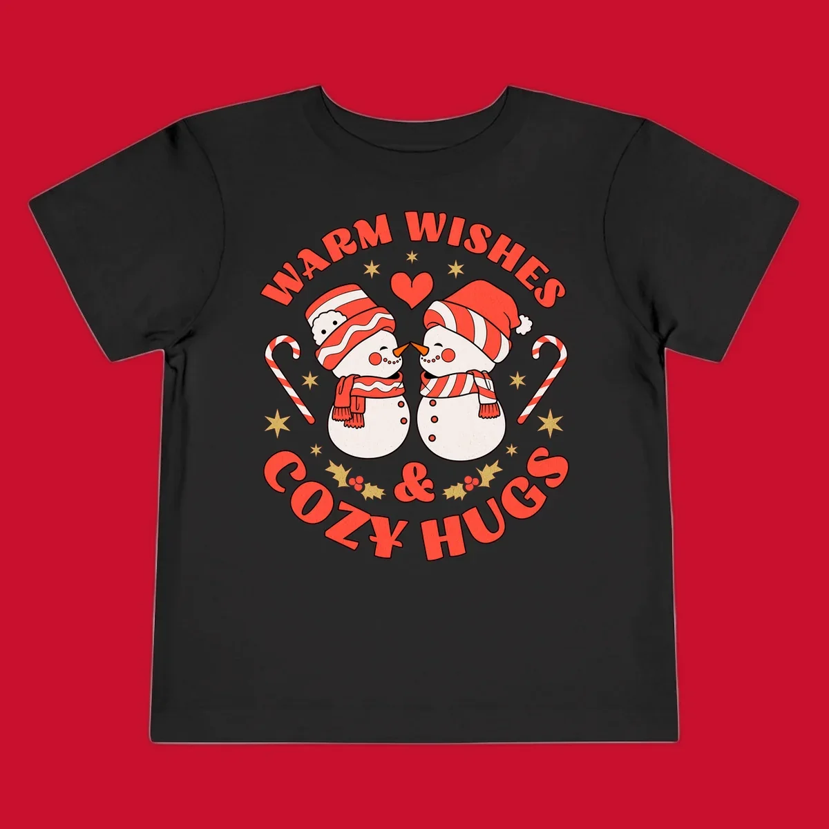 Snowmen kissing with holiday text, candy canes, and stars for a Christmas design.