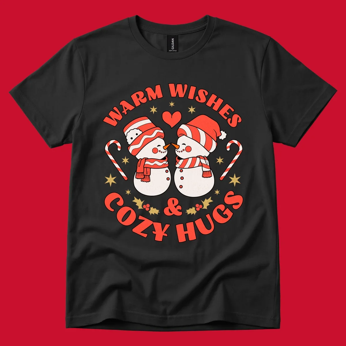 Snowmen kissing with holiday text, candy canes, and stars for a Christmas design.