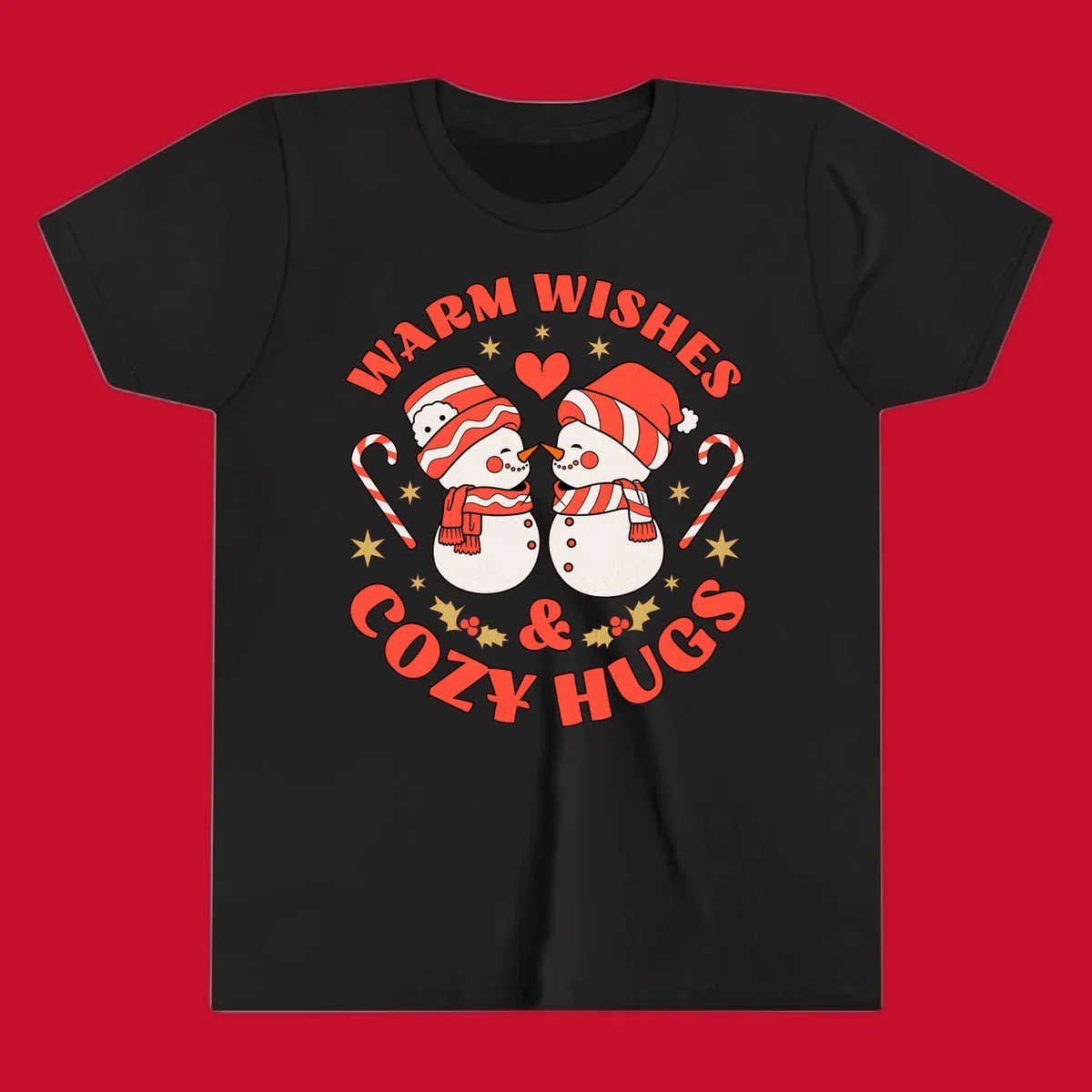 Snowmen kissing with holiday text, candy canes, and stars for a Christmas design.