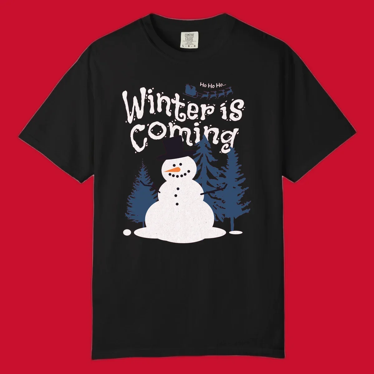 Winter is Coming Snowman Holiday design featuring a snowman, trees, and Santa's sleigh.