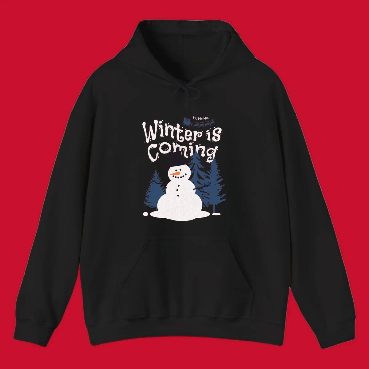 Winter is Coming Snowman Holiday design featuring a snowman, trees, and Santa's sleigh.