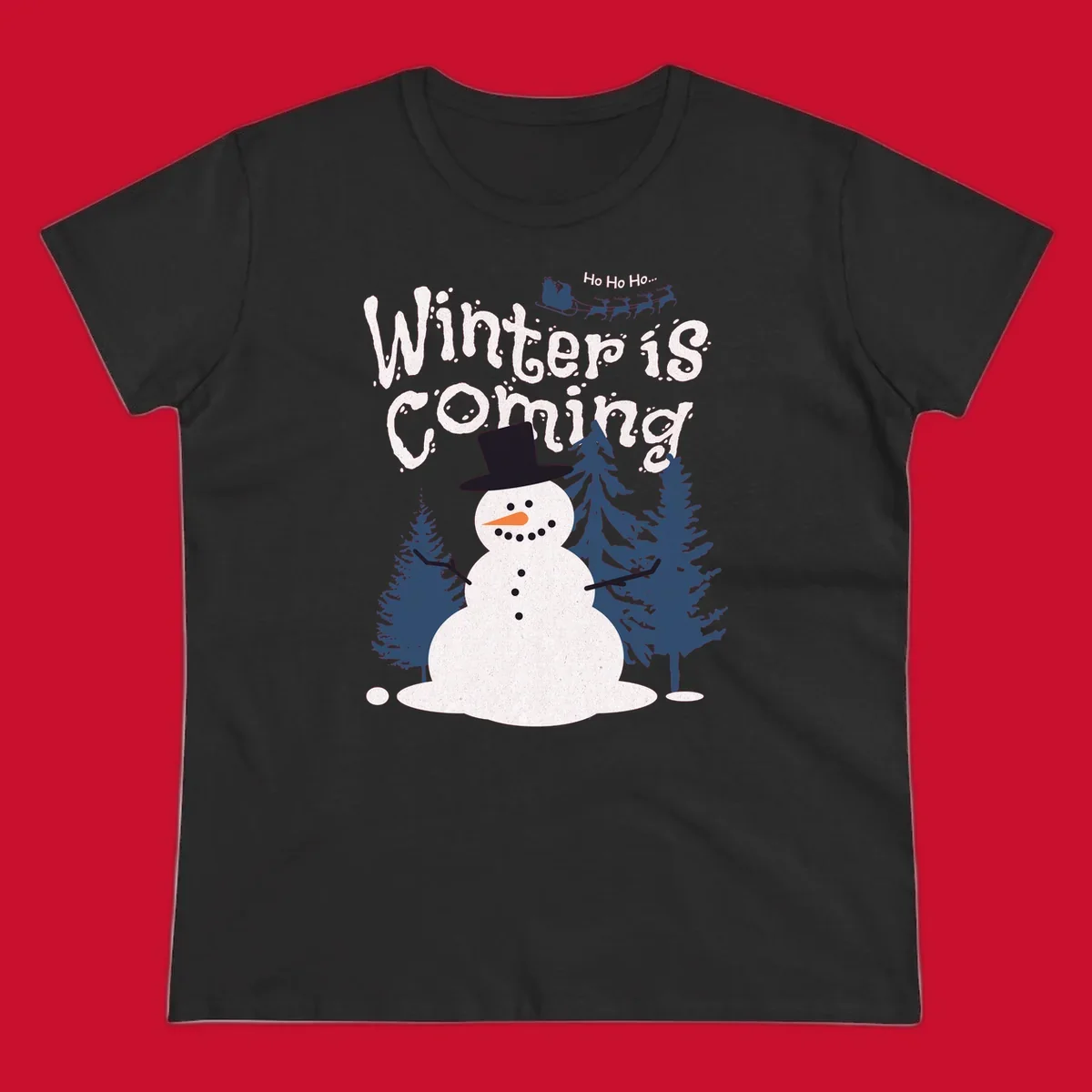 Winter is Coming Snowman Holiday design featuring a snowman, trees, and Santa's sleigh.