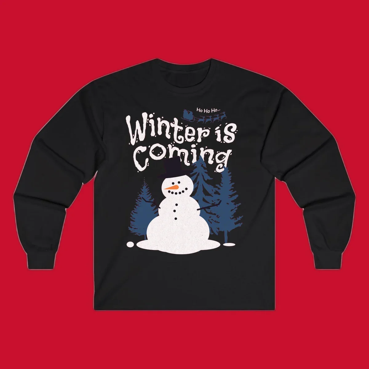 Winter is Coming Snowman Holiday design featuring a snowman, trees, and Santa's sleigh.