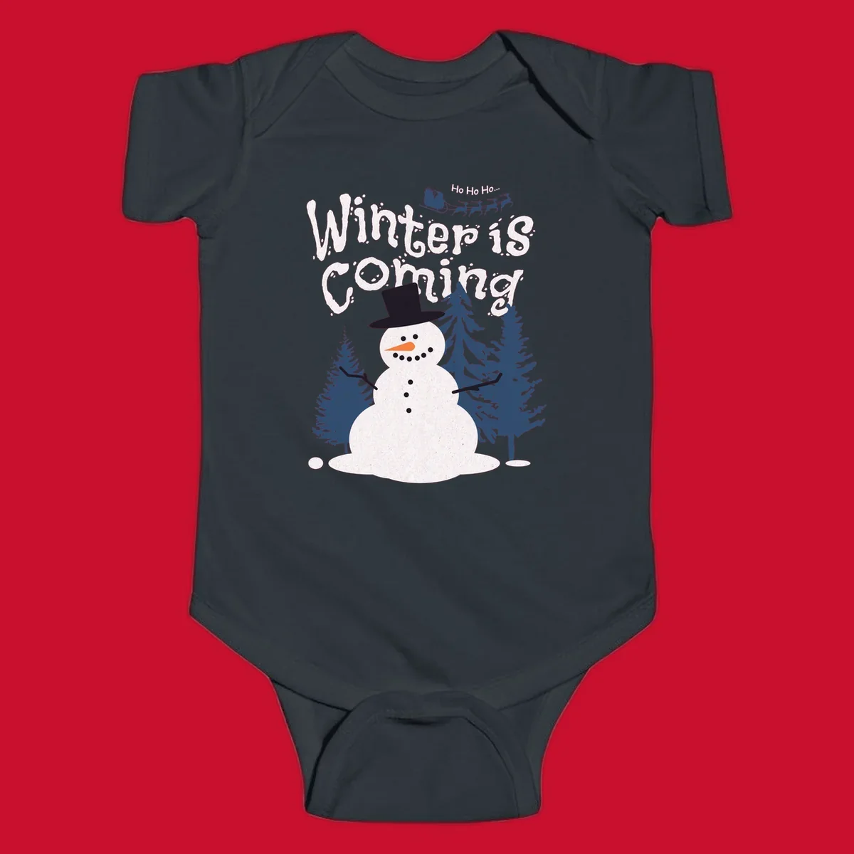 Winter is Coming Snowman Holiday design featuring a snowman, trees, and Santa's sleigh.
