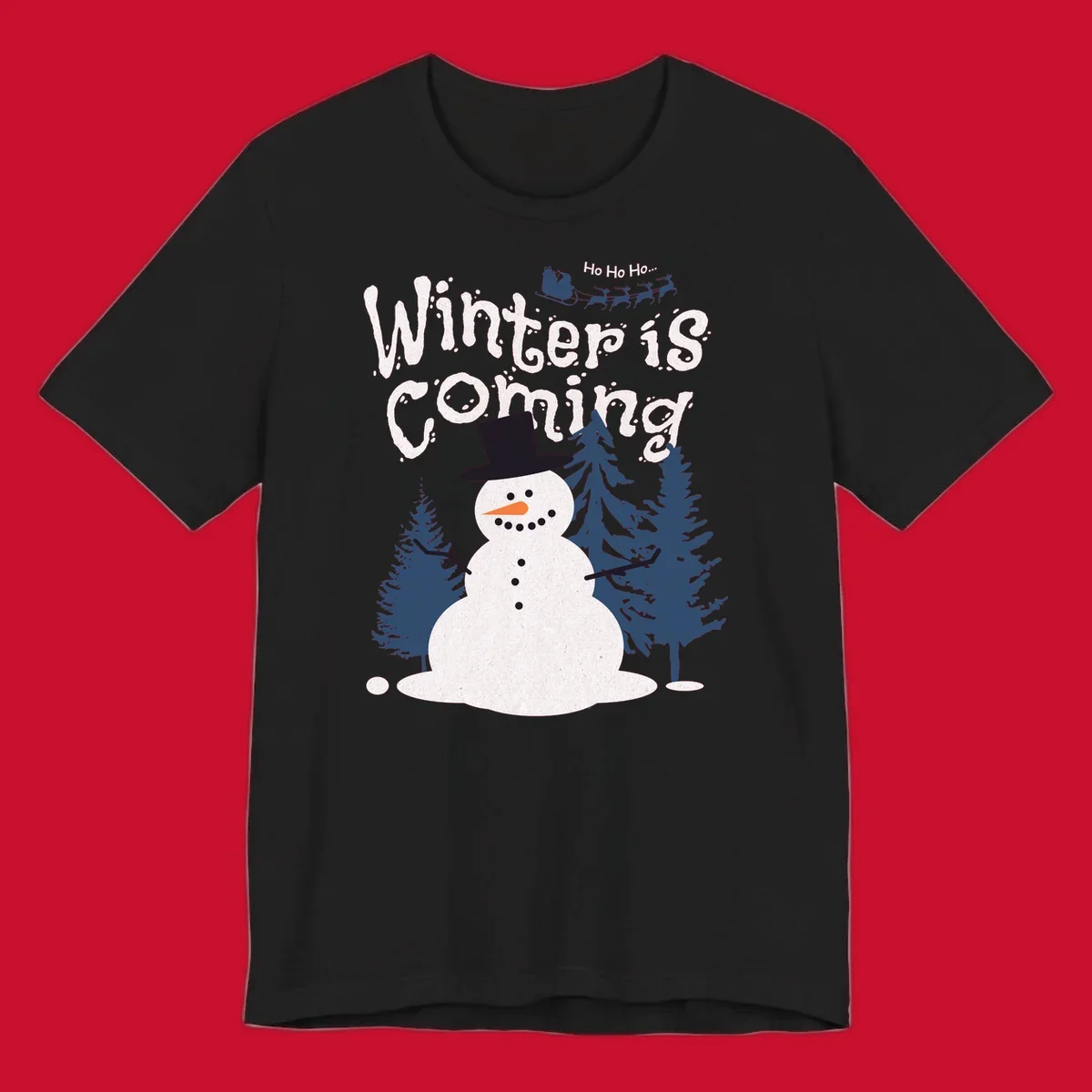 Winter is Coming Snowman Holiday design featuring a snowman, trees, and Santa's sleigh.