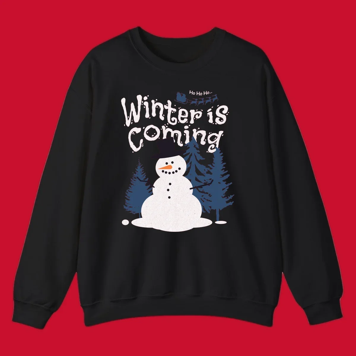 Winter is Coming Snowman Holiday design featuring a snowman, trees, and Santa's sleigh.