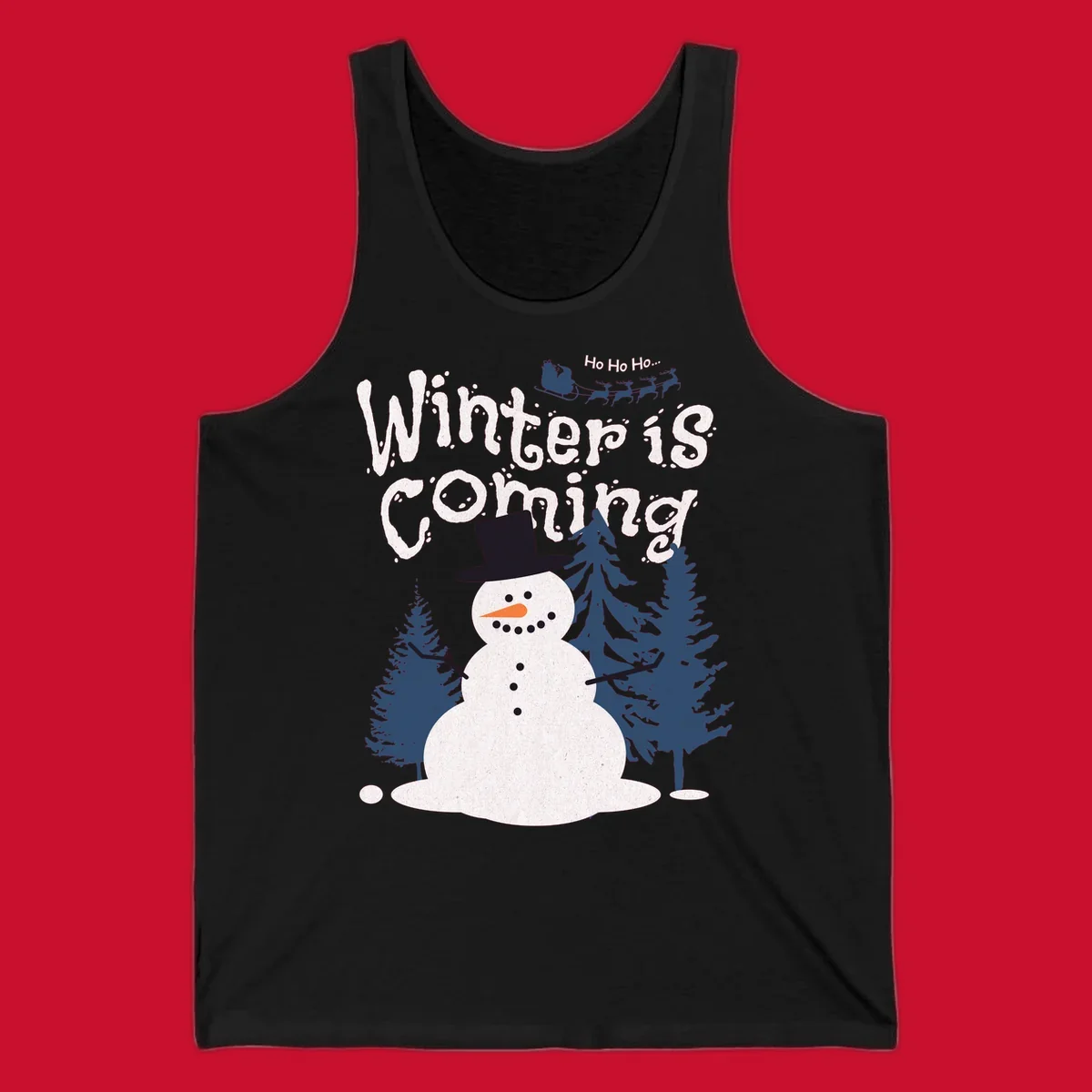 Winter is Coming Snowman Holiday design featuring a snowman, trees, and Santa's sleigh.