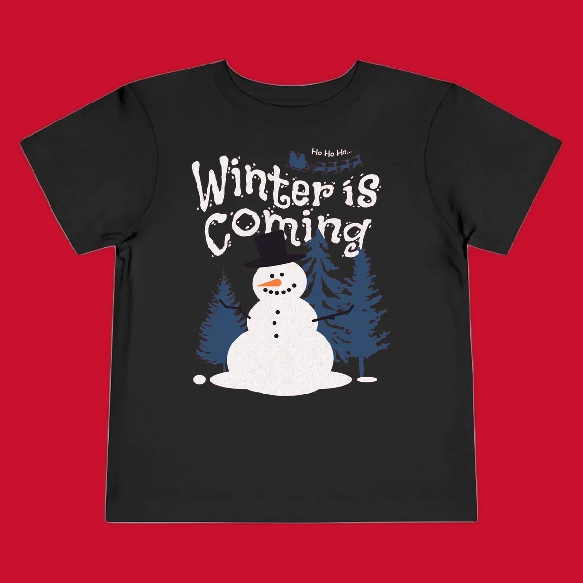 Winter is Coming Snowman Holiday design featuring a snowman, trees, and Santa's sleigh.
