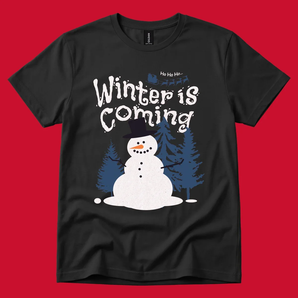 Winter is Coming Snowman Holiday design featuring a snowman, trees, and Santa's sleigh.