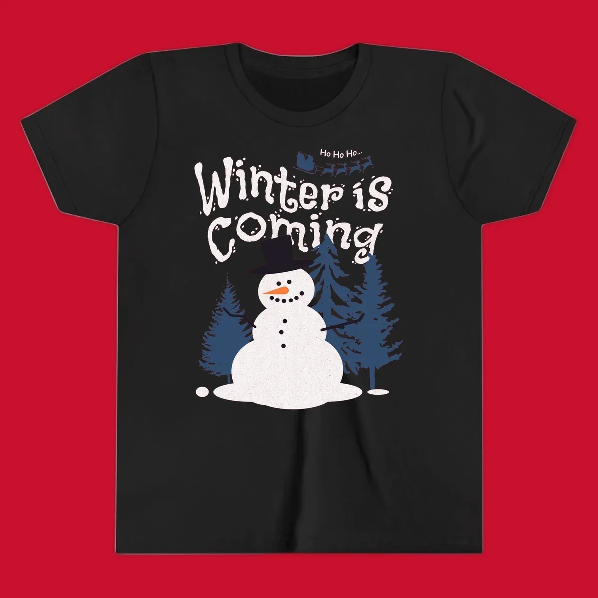 Winter is Coming Snowman Holiday design featuring a snowman, trees, and Santa's sleigh.