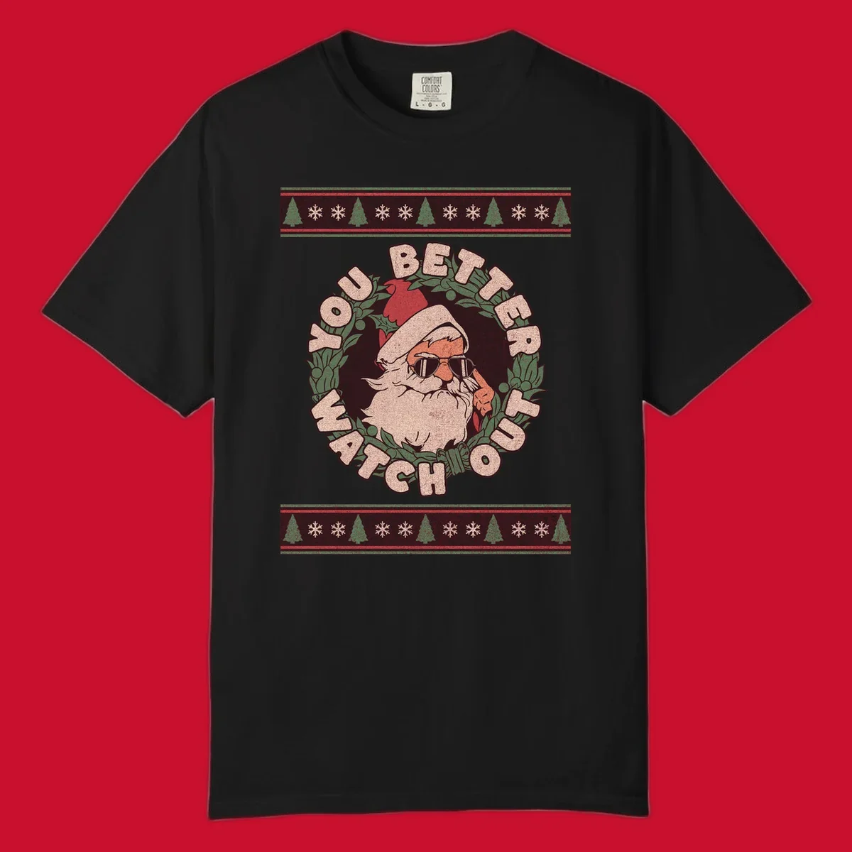 Santa Claus wearing sunglasses in a holly wreath with text, part of the santa-watch-out-christmas design.