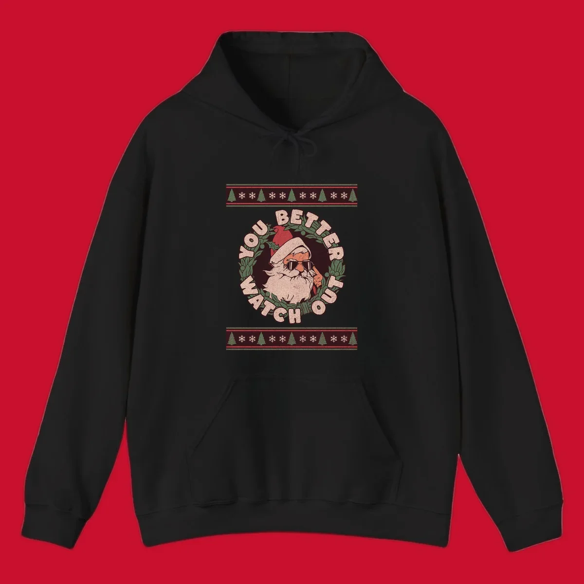 Santa Claus wearing sunglasses in a holly wreath with text, part of the santa-watch-out-christmas design.