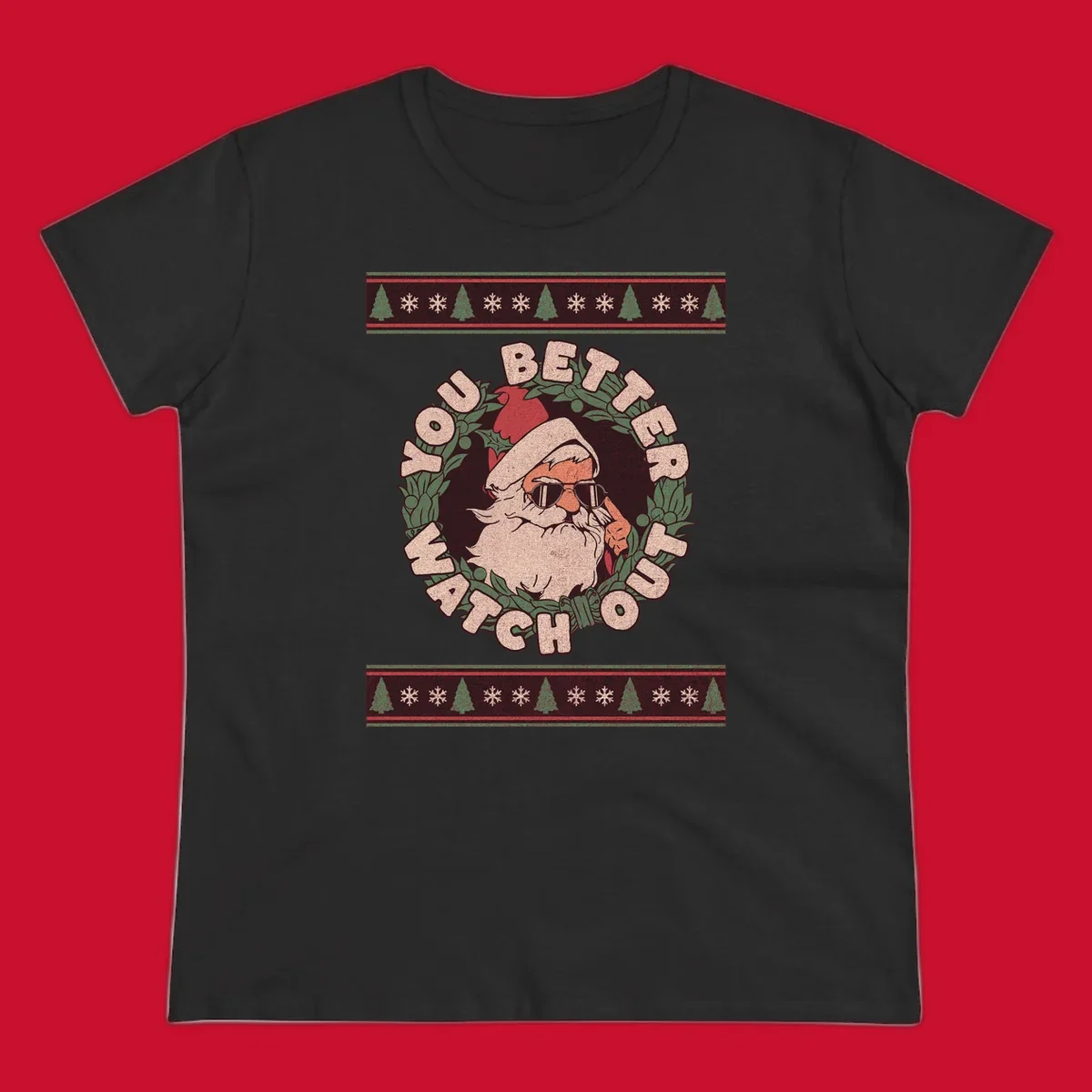 Santa Claus wearing sunglasses in a holly wreath with text, part of the santa-watch-out-christmas design.