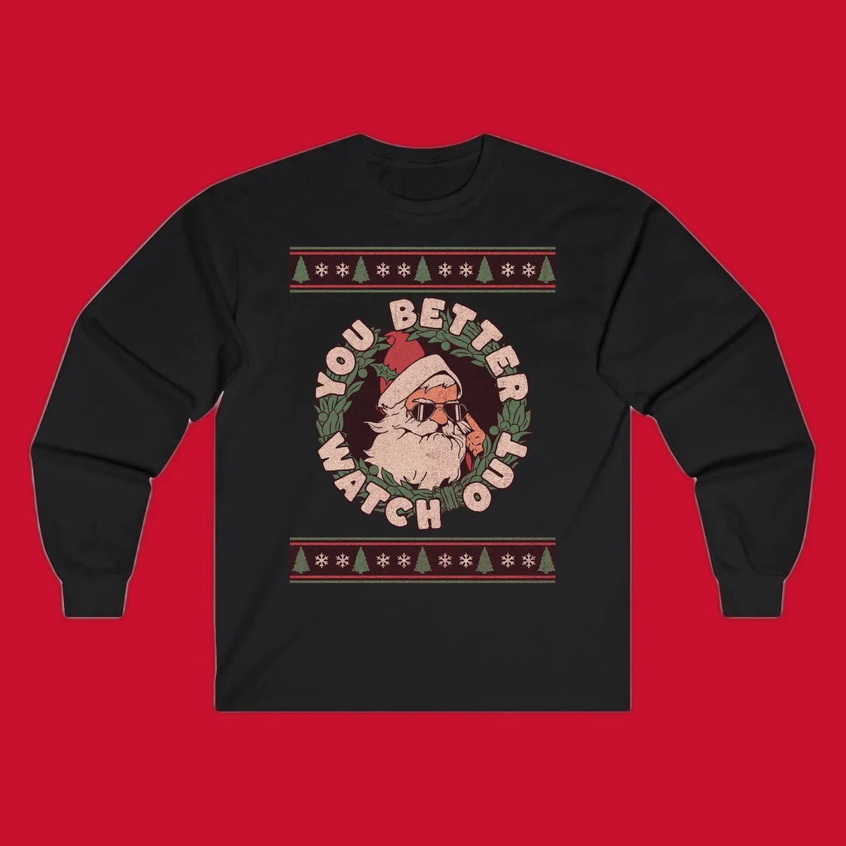 Santa Claus wearing sunglasses in a holly wreath with text, part of the santa-watch-out-christmas design.