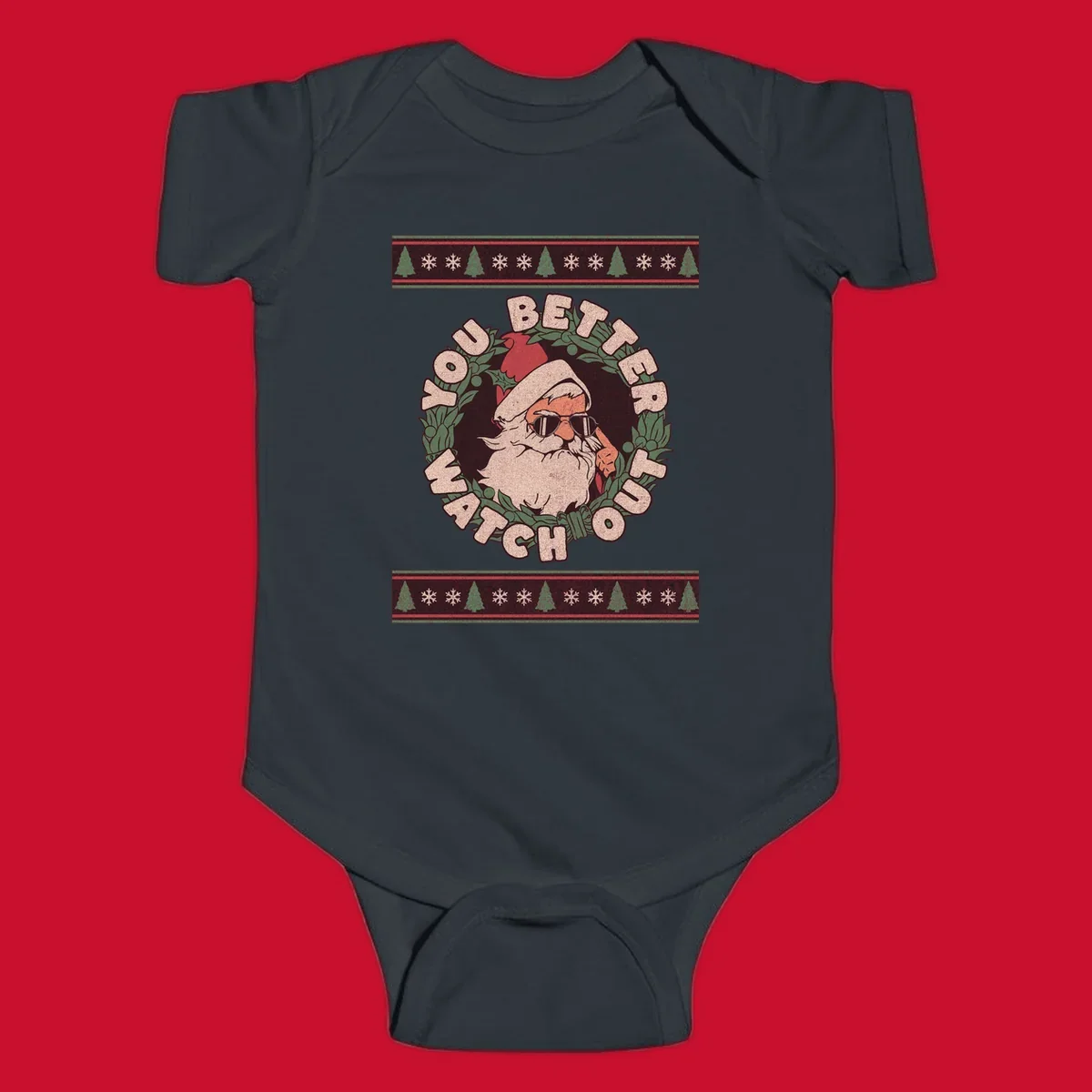Santa Claus wearing sunglasses in a holly wreath with text, part of the santa-watch-out-christmas design.