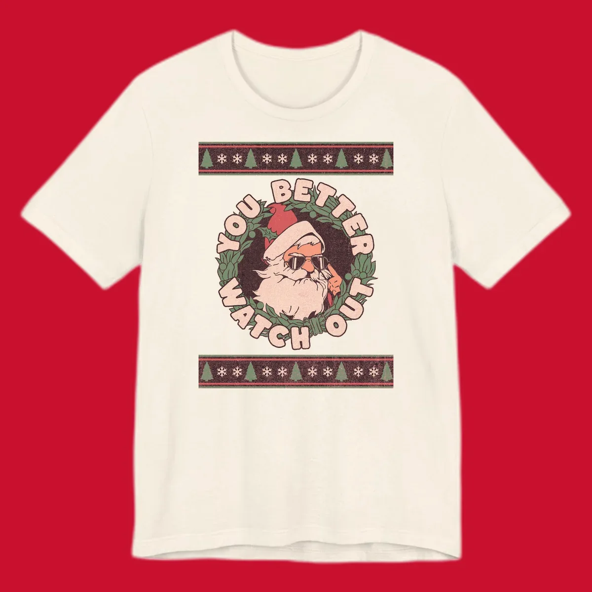 Santa Claus wearing sunglasses in a holly wreath with text, part of the santa-watch-out-christmas design.