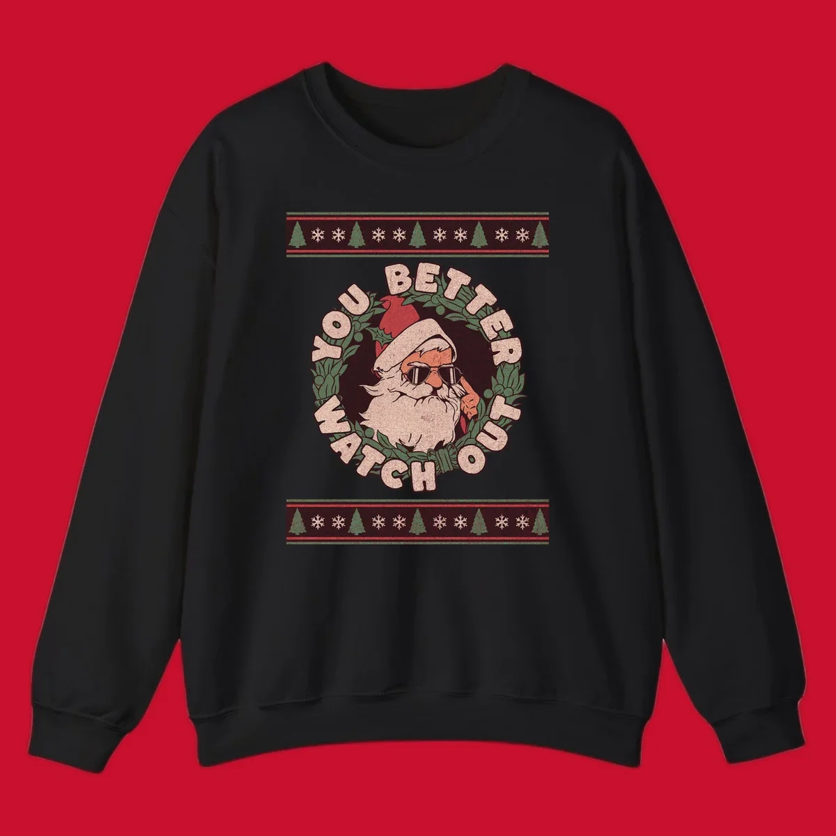 Santa Claus wearing sunglasses in a holly wreath with text, part of the santa-watch-out-christmas design.
