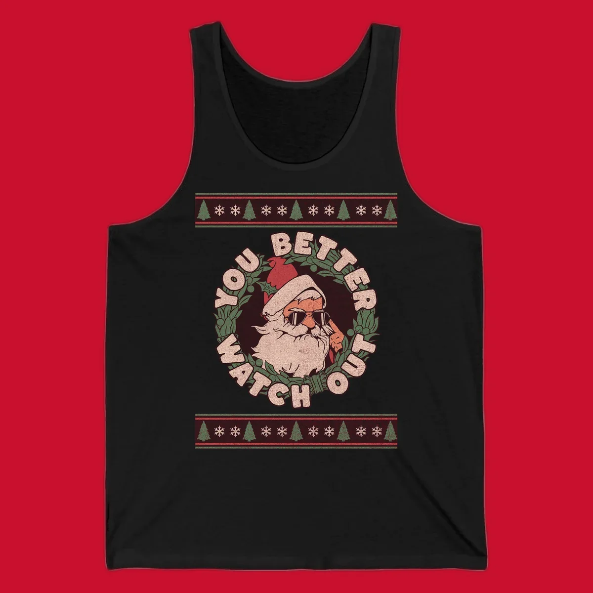 Santa Claus wearing sunglasses in a holly wreath with text, part of the santa-watch-out-christmas design.