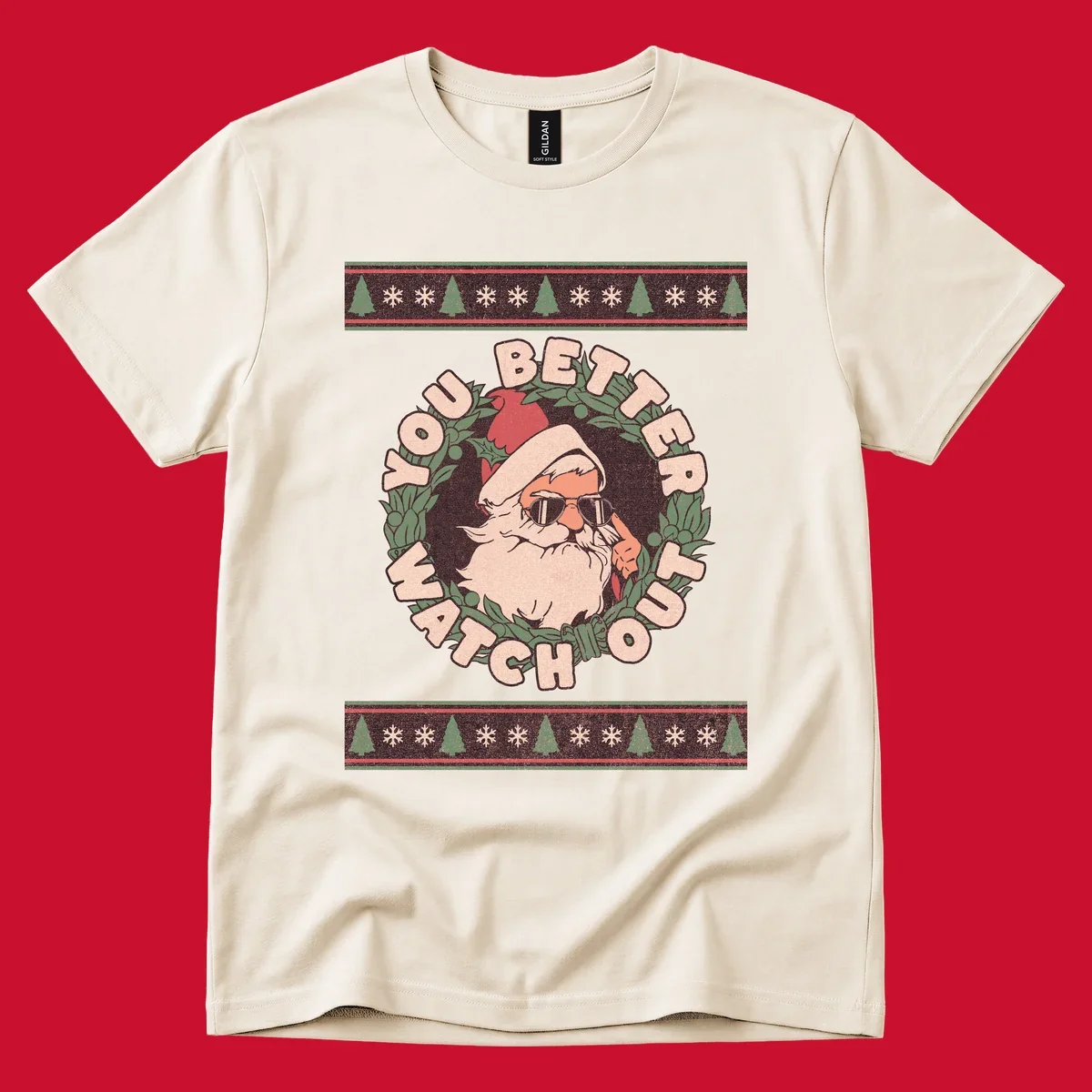 Santa Claus wearing sunglasses in a holly wreath with text, part of the santa-watch-out-christmas design.