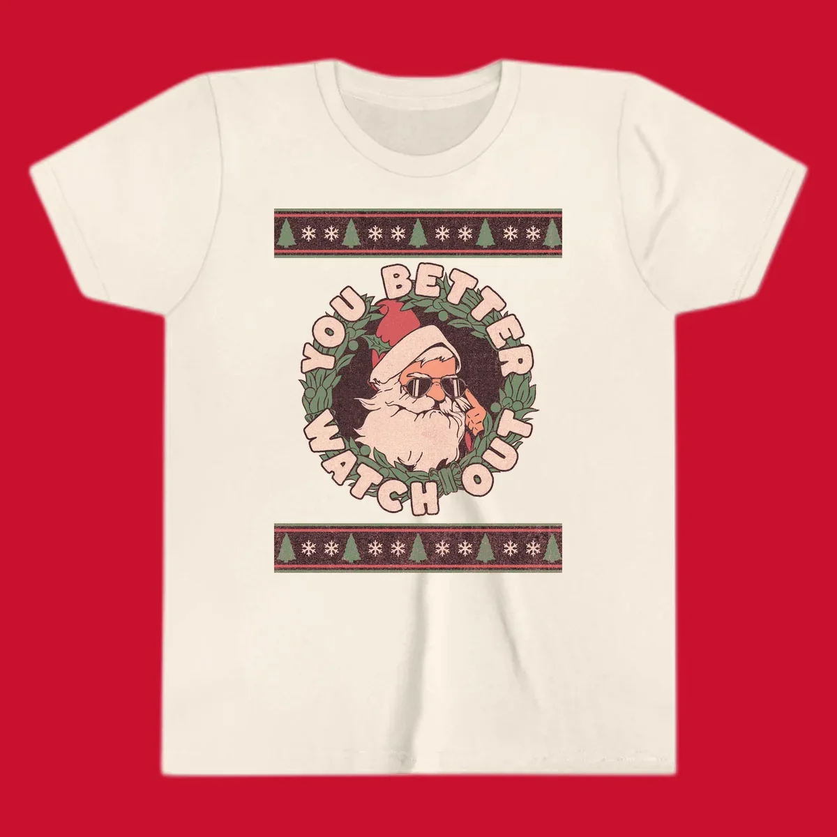 Santa Claus wearing sunglasses in a holly wreath with text, part of the santa-watch-out-christmas design.