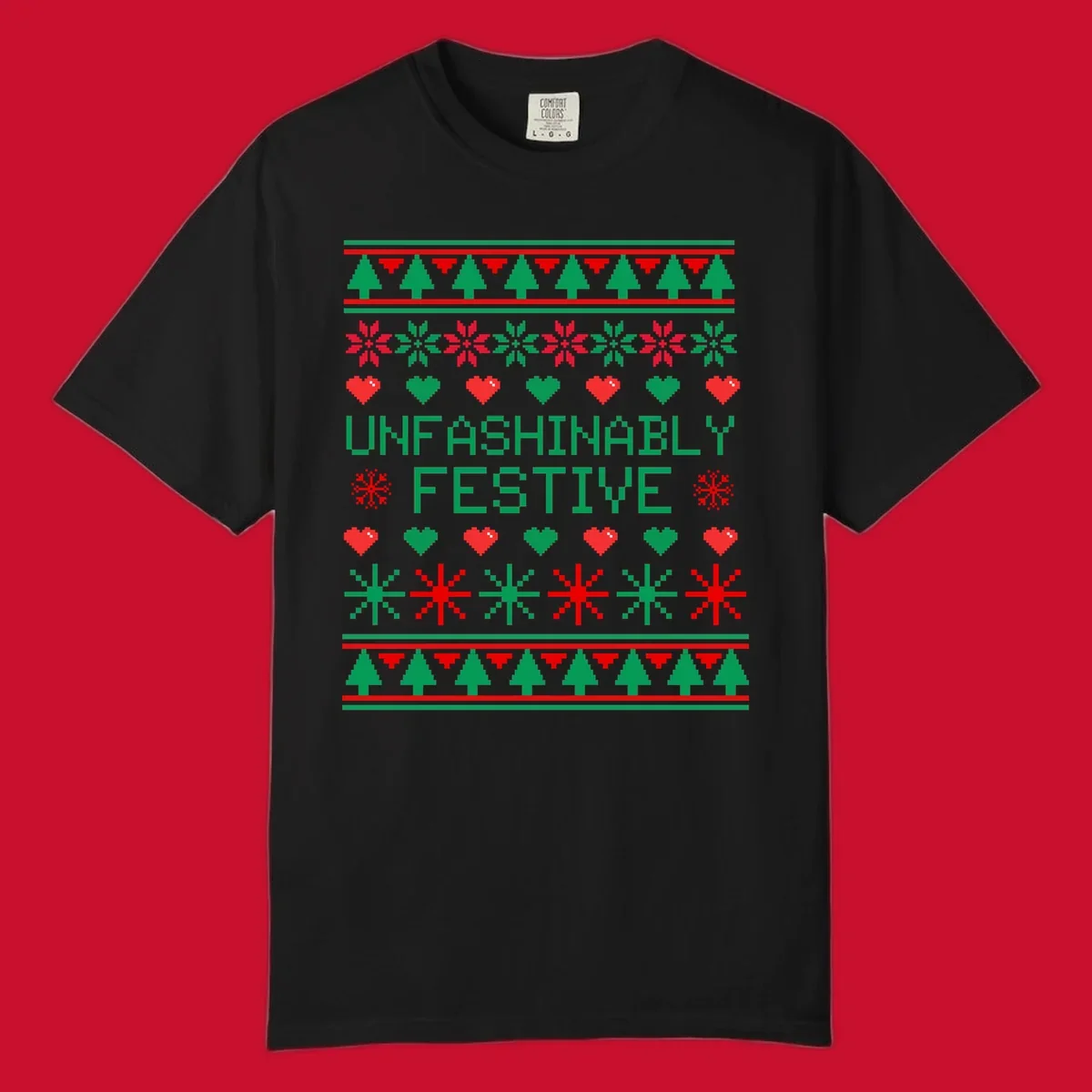 Unfashionably festive christmas design with pixelated trees, snowflakes, and hearts.