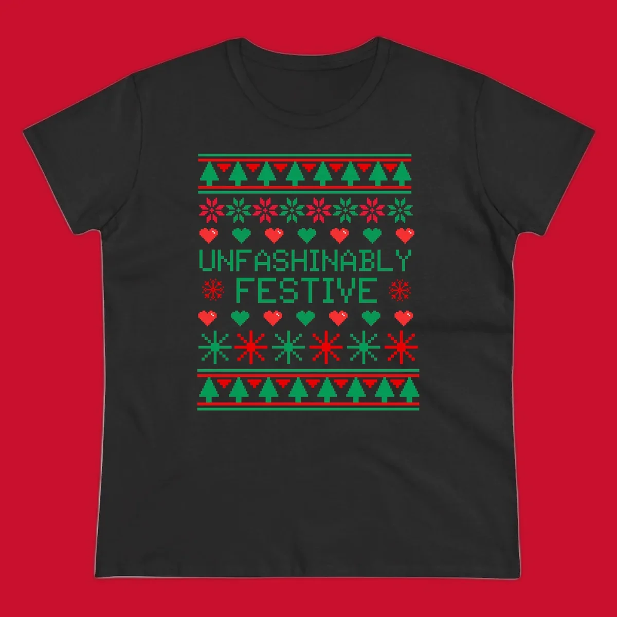 Unfashionably festive christmas design with pixelated trees, snowflakes, and hearts.