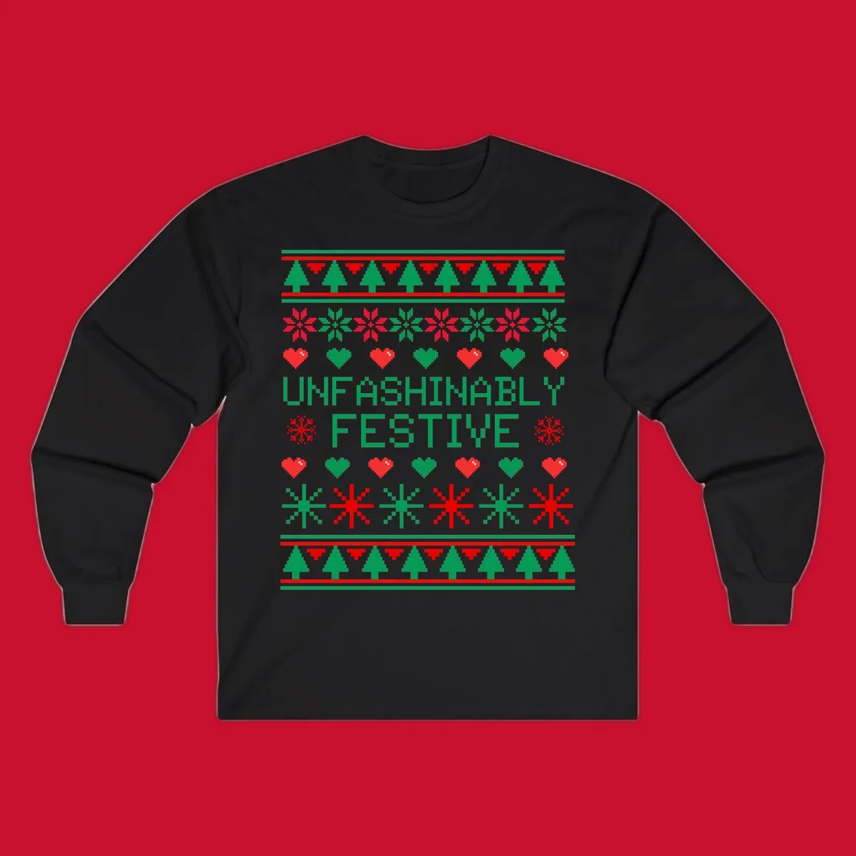 Unfashionably festive christmas design with pixelated trees, snowflakes, and hearts.